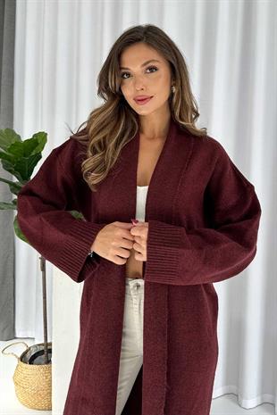 Şal Yaka Uzun Triko Hırka - Bordo