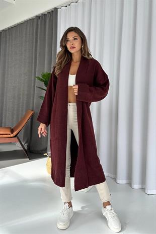 Şal Yaka Uzun Triko Hırka - Bordo