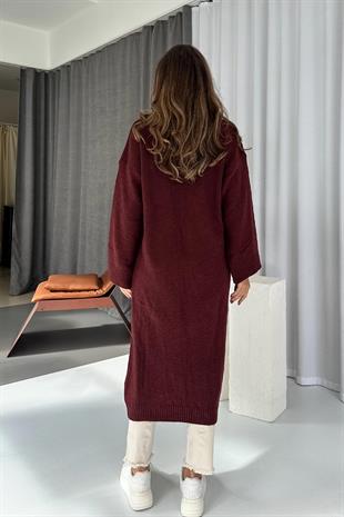 Şal Yaka Uzun Triko Hırka - Bordo