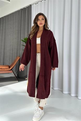 Şal Yaka Uzun Triko Hırka - Bordo