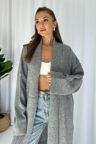 Şal Yaka Uzun Triko Hırka - Gri