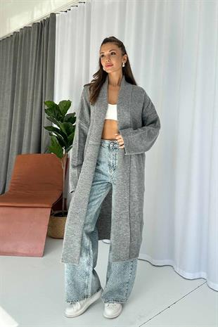 Şal Yaka Uzun Triko Hırka - Gri