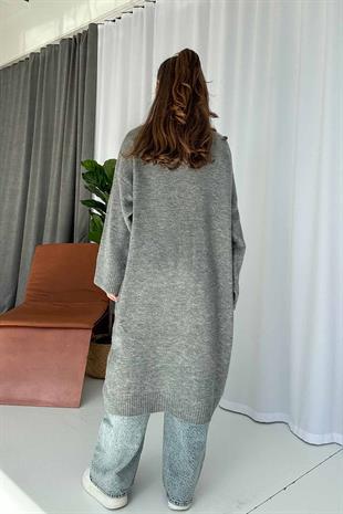 Şal Yaka Uzun Triko Hırka - Gri