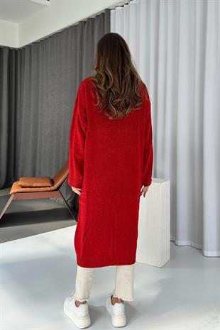 Şal Yaka Uzun Triko Hırka - Nar Çiçeği