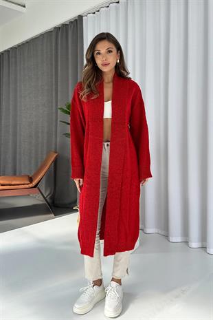 Şal Yaka Uzun Triko Hırka - Nar Çiçeği