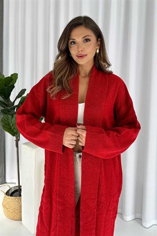 Şal Yaka Uzun Triko Hırka - Nar Çiçeği