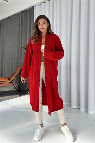 Şal Yaka Uzun Triko Hırka - Nar Çiçeği