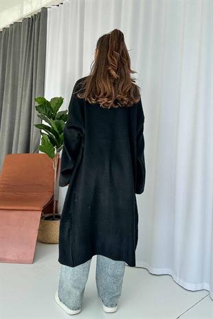 Şal Yaka Uzun Triko Hırka - Siyah