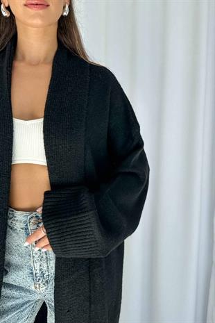 Şal Yaka Uzun Triko Hırka - Siyah