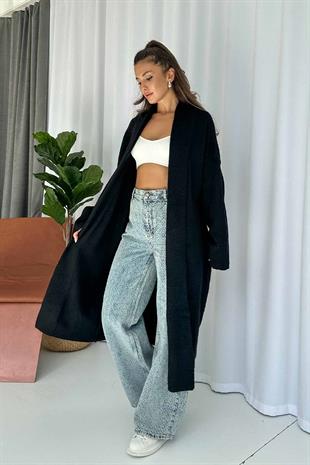 Şal Yaka Uzun Triko Hırka - Siyah