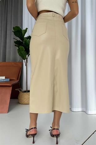 Şardonlu İthal Kalem Etek - Bej