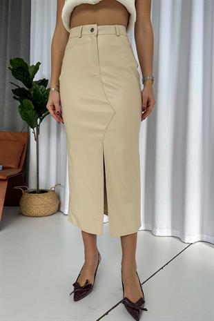 Şardonlu İthal Kalem Etek - Bej