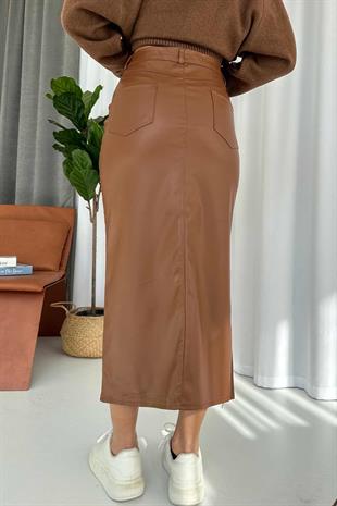 Şardonlu İthal Kalem Etek - Kahverengi