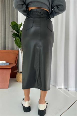 Şardonlu İthal Kalem Etek - Siyah