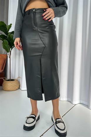 Şardonlu İthal Kalem Etek - Siyah