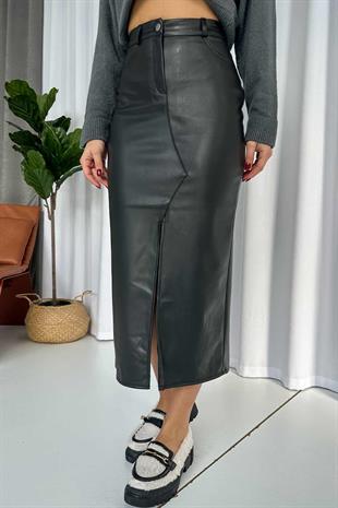 Şardonlu İthal Kalem Etek - Siyah