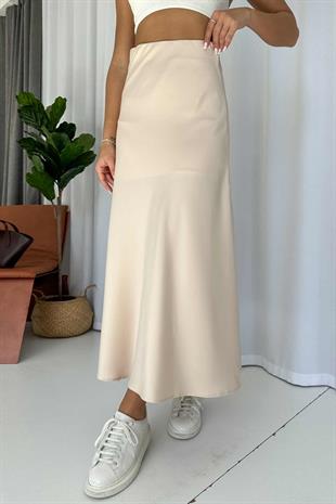 Saten Uzun Kadın Etek - Bej