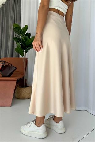 Saten Uzun Kadın Etek - Bej