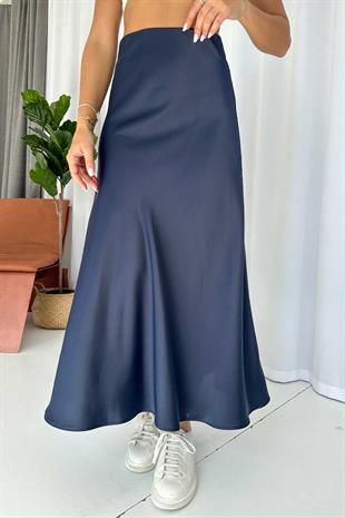 Saten Uzun Kadın Etek - Lacivert