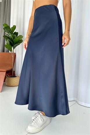 Saten Uzun Kadın Etek - Lacivert