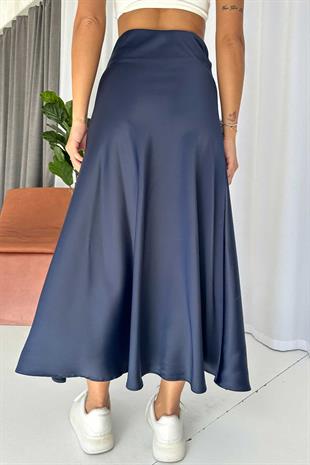 Saten Uzun Kadın Etek - Lacivert