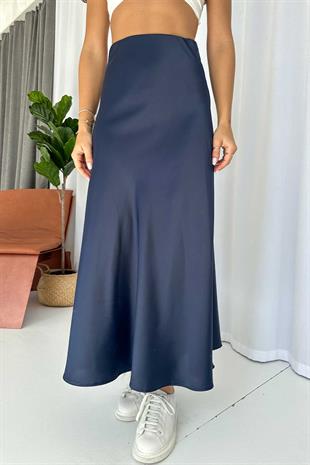 Saten Uzun Kadın Etek - Lacivert