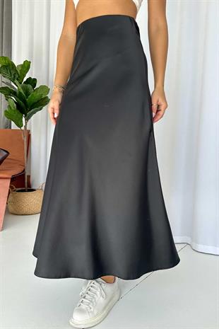 Saten Uzun Kadın Etek - Siyah