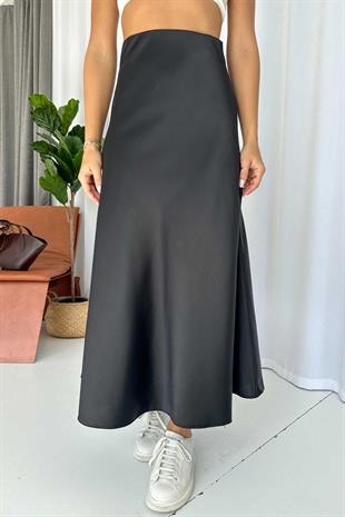 Saten Uzun Kadın Etek - Siyah