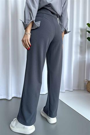 Scuba Krep Çift Düğmeli Palazzo Kadın Pantolon - Füme