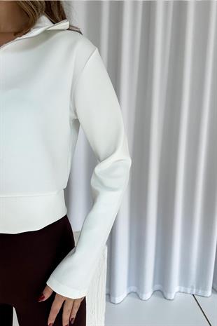 Scuba Kumaş Fermuarlı Ceket - Beyaz