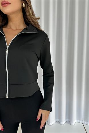 Scuba Kumaş Fermuarlı Ceket - Siyah