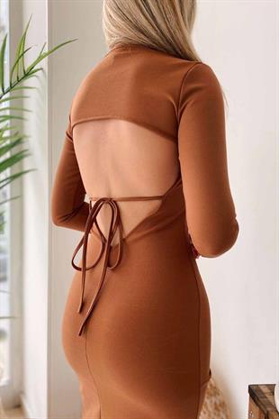 Sırt Dekolte İp Bağlama Detay Elbise - Kahverengi