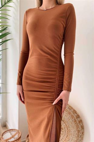 Sırt Dekolte İp Bağlama Detay Elbise - Kahverengi