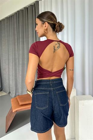 Sırt Dekolteli Esnek Kısa Kol Kadın Bluz - Bordo