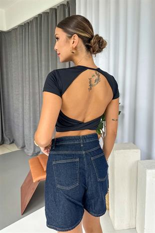 Sırt Dekolteli Esnek Kısa Kol Kadın Bluz - Siyah