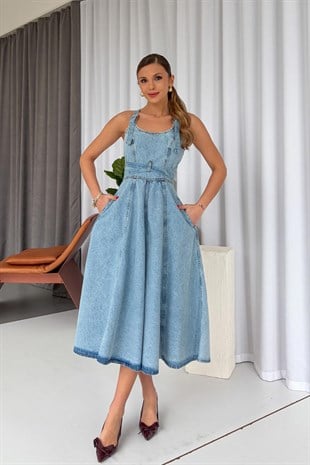 Sırtı Çapraz Denim Midi Kadın Elbise- Açık Mavi