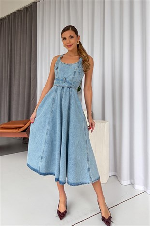 Sırtı Çapraz Denim Midi Kadın Elbise- Açık Mavi