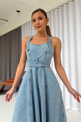 Sırtı Çapraz Denim Midi Kadın Elbise- Açık Mavi