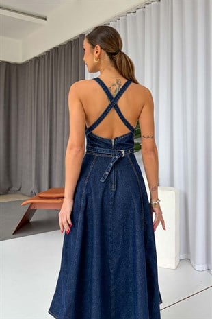 Sırtı Çapraz Denim Midi Kadın Elbise - Koyu Mavi