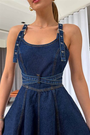Sırtı Çapraz Denim Midi Kadın Elbise - Koyu Mavi