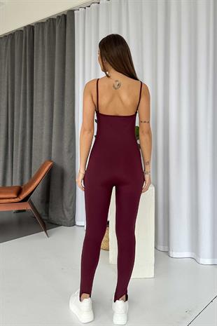 Spor Ayak Detaylı Kadın Tulum - Bordo