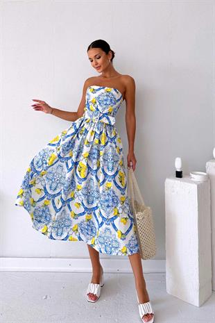 Straplez Kemer Detaylı Limon Desenli Elbise - Mavi