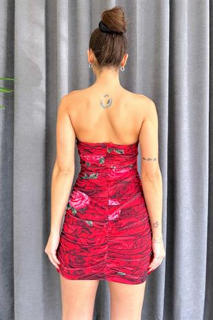 Straplez Mini Çiçek Desenli Dilber Elbise