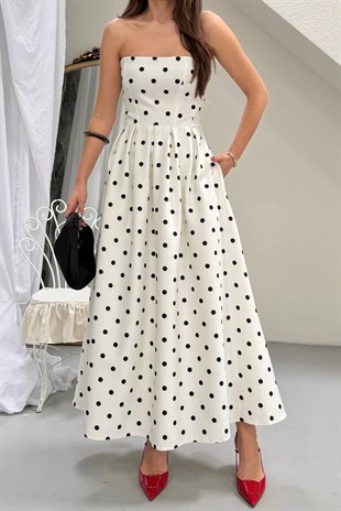 Straplez Puantiyeli Kadın Elbise - Beyaz