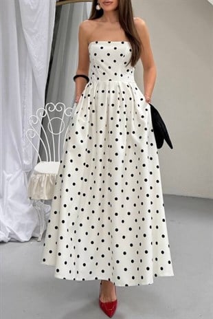 Straplez Puantiyeli Kadın Elbise - Beyaz
