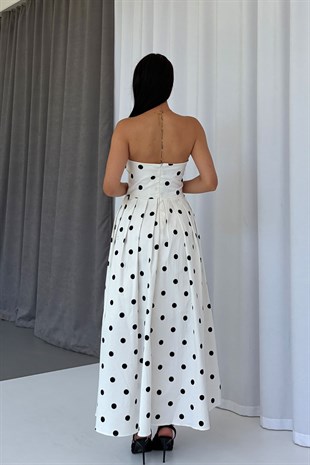 Straplez Puantiyeli Poplin Astarlı Elbise - Beyaz