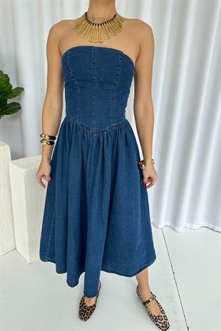 Straplez Yaka Kiloş Etek Kadın Kot Denim Elbise - Lacivert