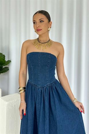 Straplez Yaka Kiloş Etek Kadın Kot Denim Elbise - Lacivert