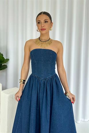 Straplez Yaka Kiloş Etek Kadın Kot Denim Elbise - Lacivert