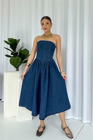 Straplez Yaka Kiloş Etek Kadın Kot Denim Elbise - Lacivert